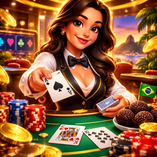 Mesa de blackjack ao vivo com cartas distribuídas e fichas empilhadas sobre o feltro escuro